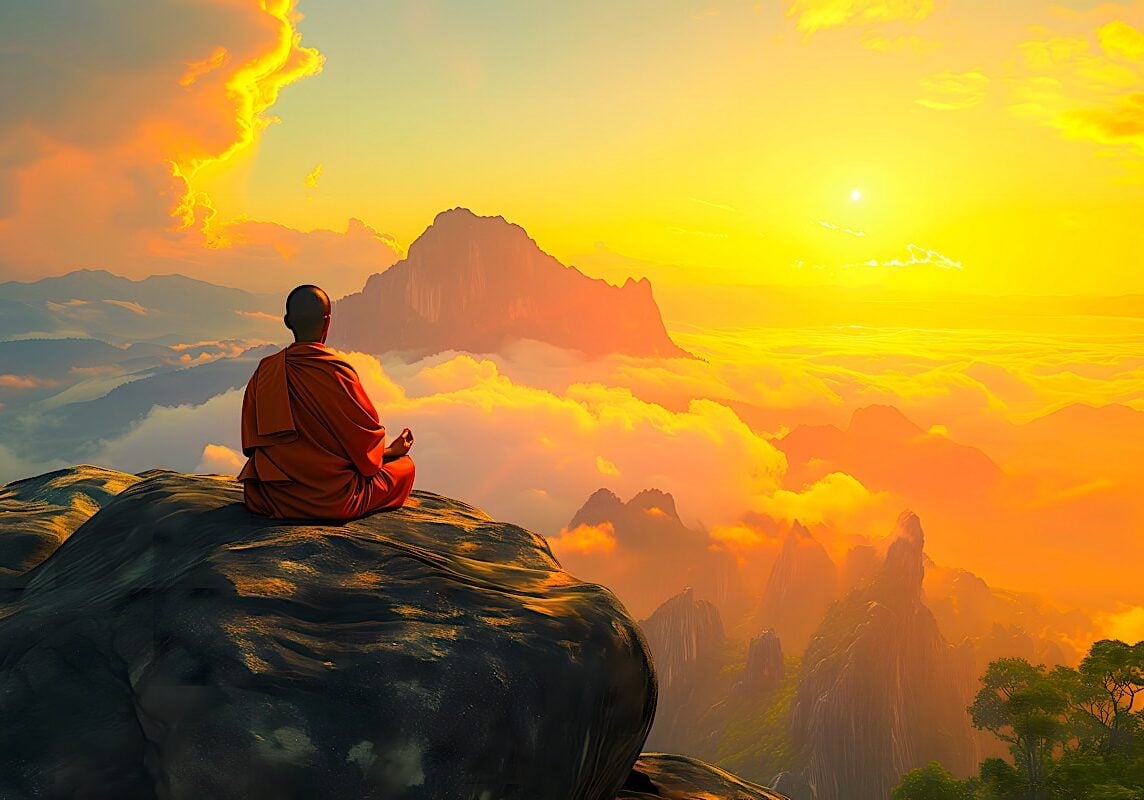 A monk meditating on Oneness with the world and the Universe on top of a mountain.