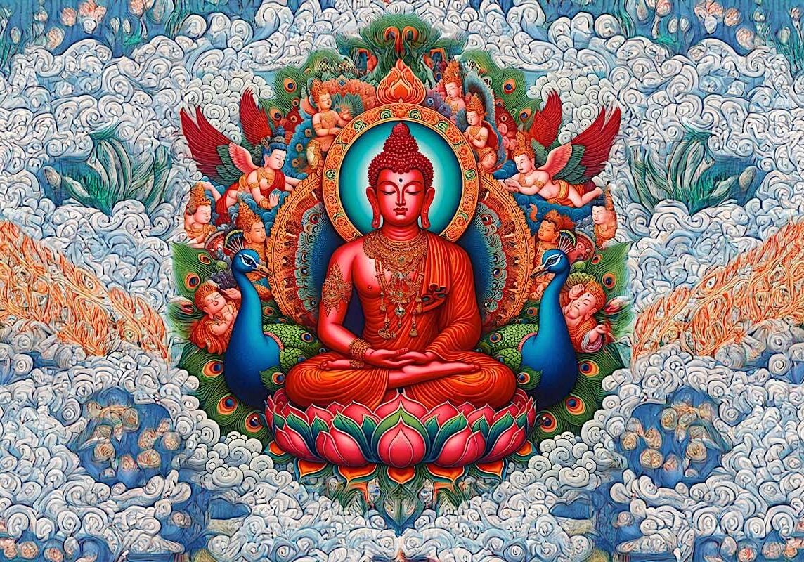 Amitabha with his sacred peacocks, symbolizing the transmutation of the poison of attachment into the wisdom of discernment.