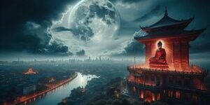 Beautiful Amitabha temple full moon