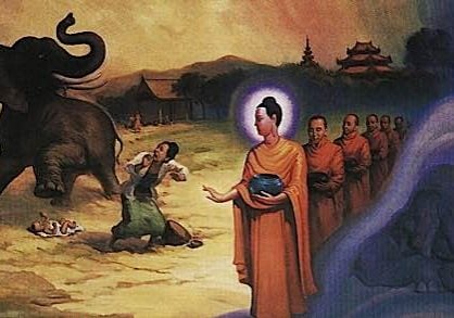 Shakyamuni subdues an elephant with loving kindness and the Abhaya gesture. The elephant was enraged by evil Devadatta.