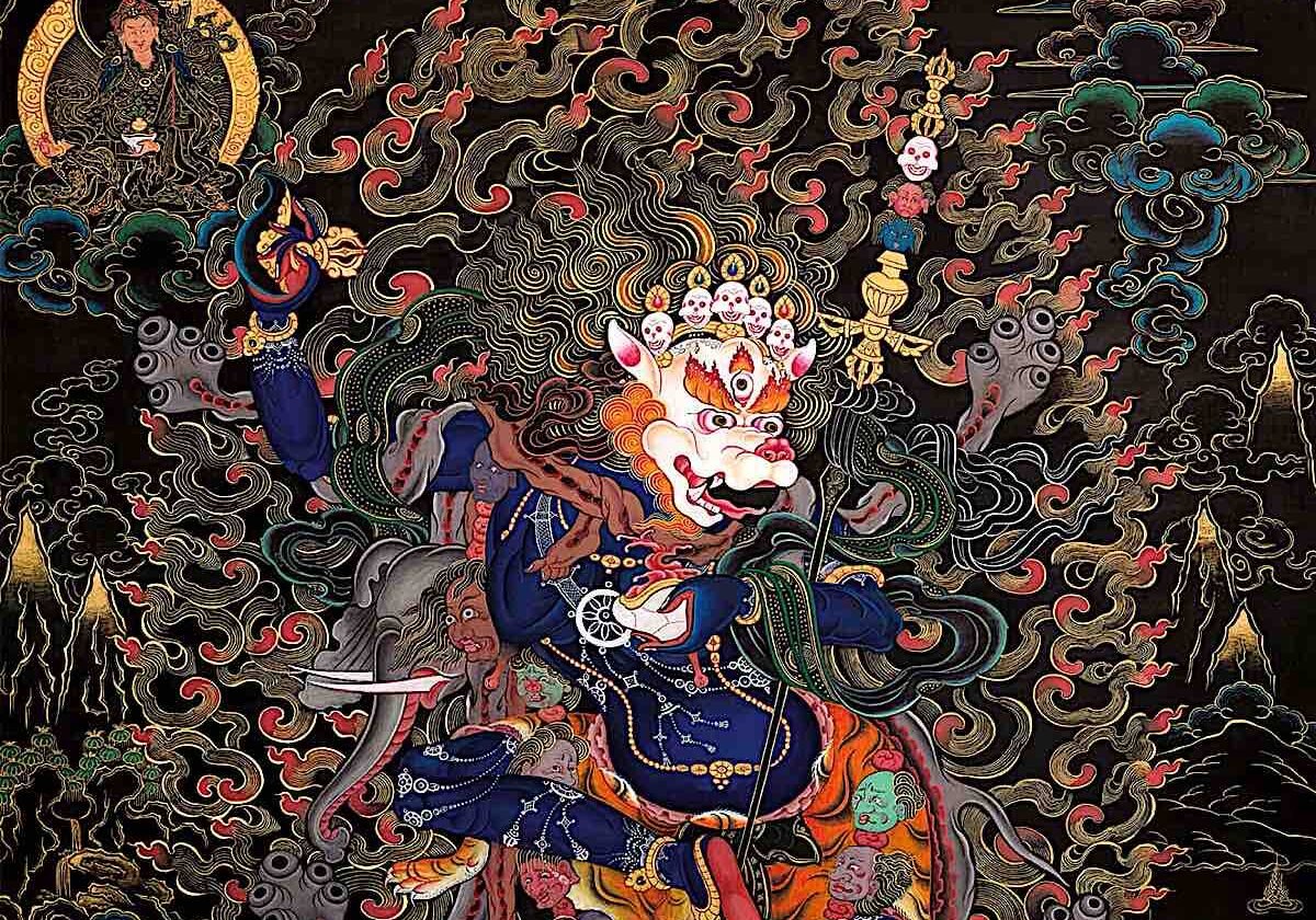 Simhamukha, the Lion-Faced Dakini, is a Highest Yoga Tantra Yidam in Tibetan Buddhism. 