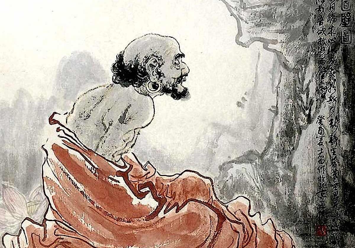 Bodhidharma meditating in his cave, facing the wall.