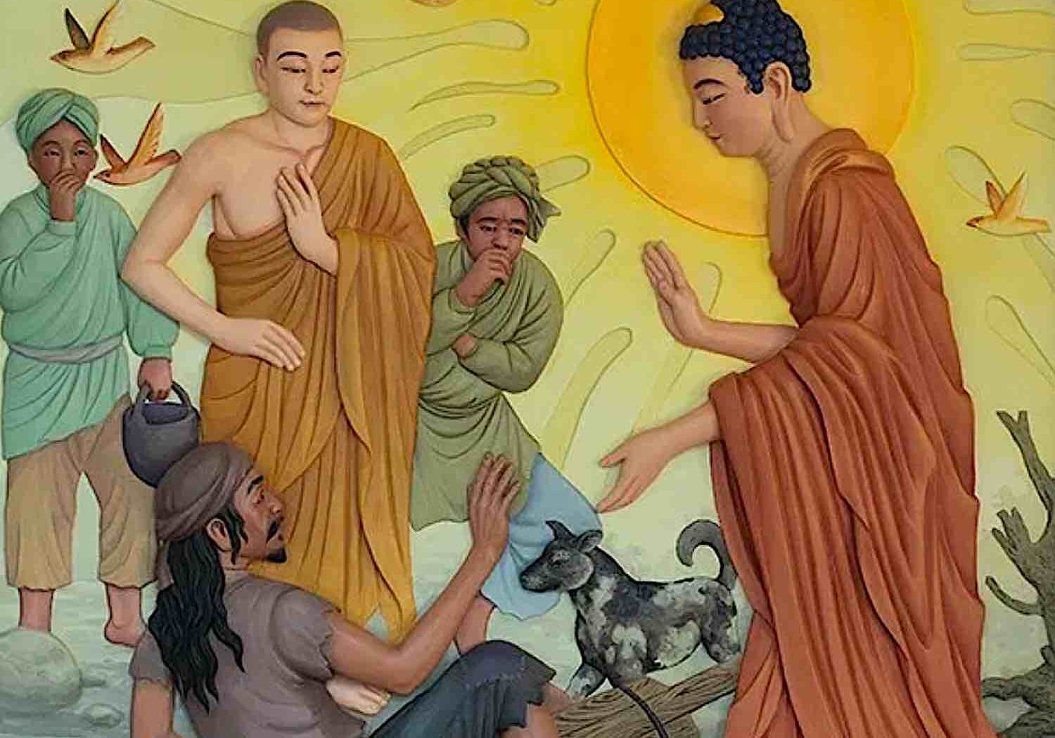 Buddha comes across the "untouchable" carrying excrement. Buddha treats the "untouchable" as an equal, without pride, and asks him to become one of his monks.