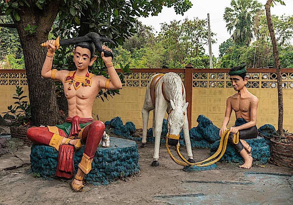 Buddha cutting his hair as a symbolic act as he heroic ventures out from his sheltered life to solve the suffering of all beings.