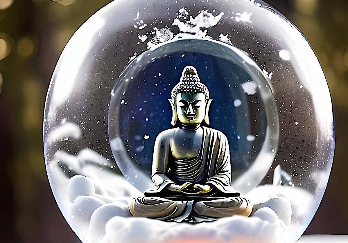 Buddha meditating in a snow globe.