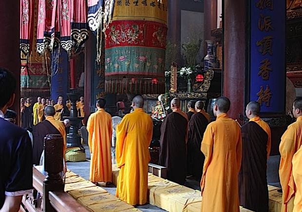 A typical ceremony with Chinese Buddhist monks.