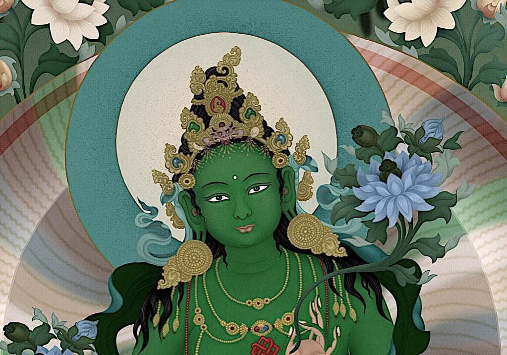 A cropped section of a stunning thangka of Chittimani Tara, the Highest Yoga Tantra aspect of Green Tara, by Jampay Dorje (Ben Christian). See this feature interview with this amazing artist in Buddha Weekly>>