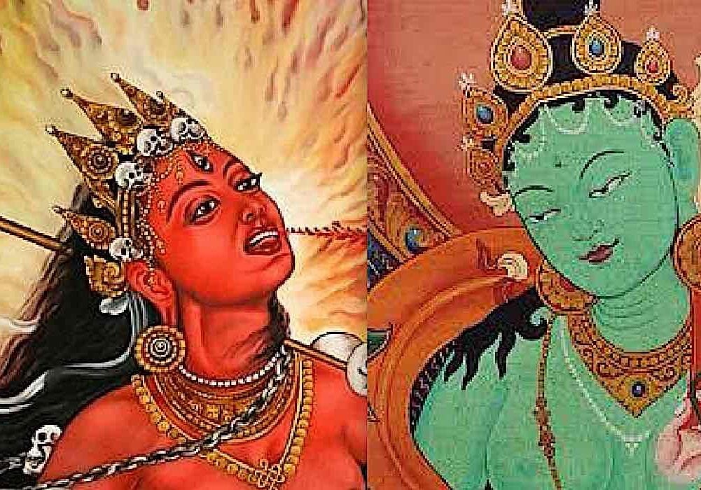 Vajrayogini and Green Tara can be thought of as two aspects of the Wisdom Female Buddha.