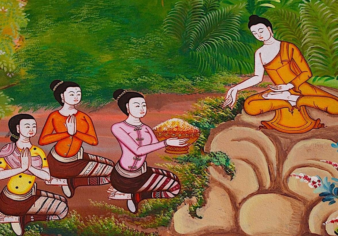 Buddha receives Dana from followers. Generosity is one of the cures for greed.