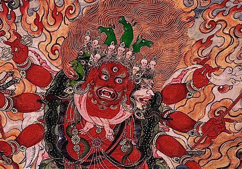 Hayagriva Sandrup closeup with three green horse heads and three faces red centre, green right and white left with six arms, supreme Heruka of the Amitabha Family.