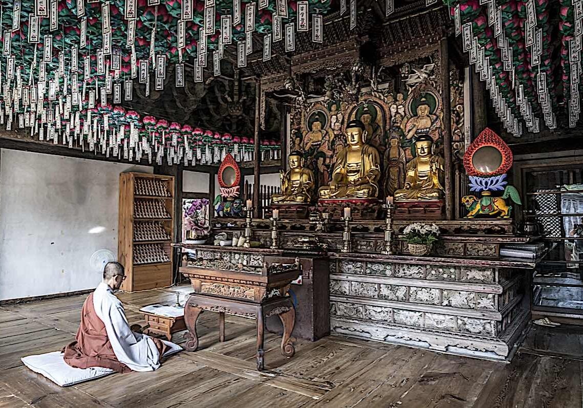 Interior of Korean Buddhist Temple with altar on Ganghwado Island, Korea.