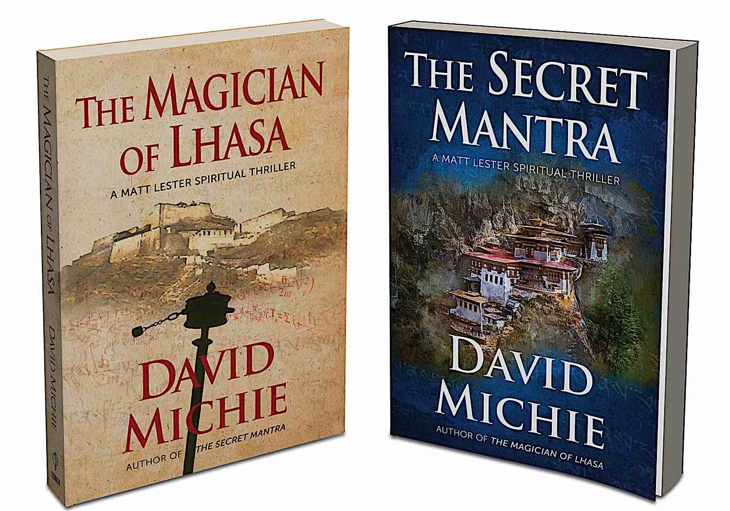 The covers of David Michie's Tibetan Buddhist Thrillers The Secret Mantra and The Magician of Lhasa.