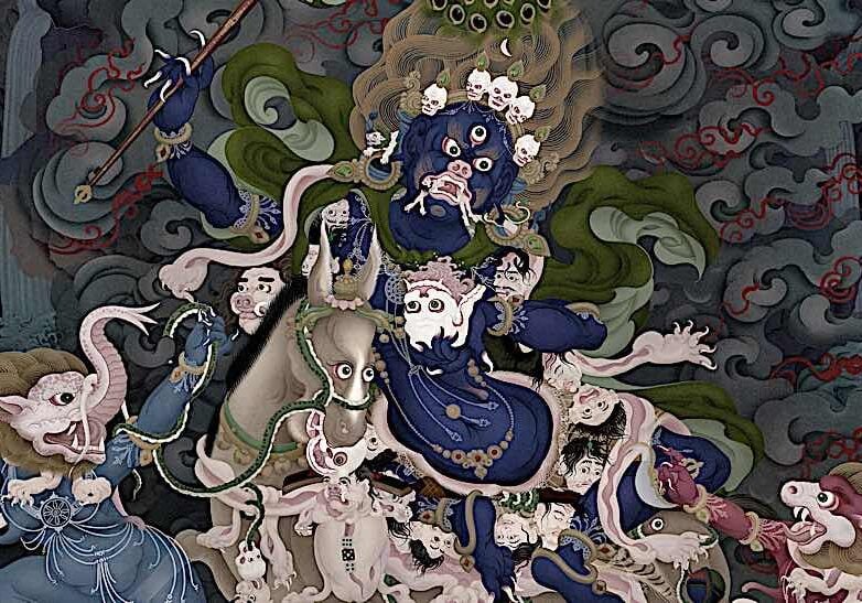 Stunning image of Palden Lhamo, the Queen of the End of War by Jampay Dorje (Ben Christian). She is flanked by blue Makaravaka on the left; and red Simhavakra on the right.