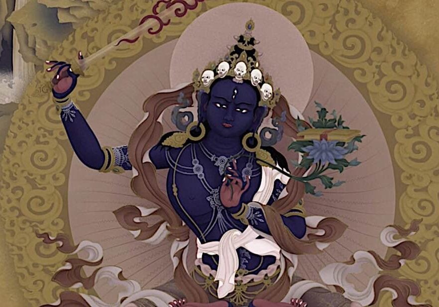 Peaceful Black Manjushri is seated with a slightly "stern" face. Some people feel more comfortable visualizing Peaceful Black Manjushri, especially if they've been traumatized. Wrathful visualization can feel more powerful — reinforced by the symbolism of activity and fierceness.