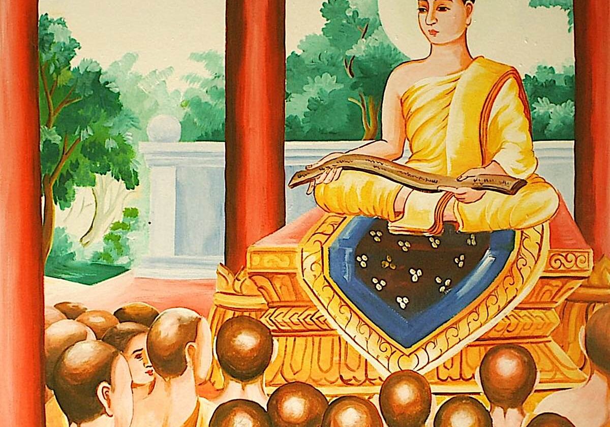 Sattapitaka teaching sutra at the First Buddhist Council -- from a monastery painting in Laos.