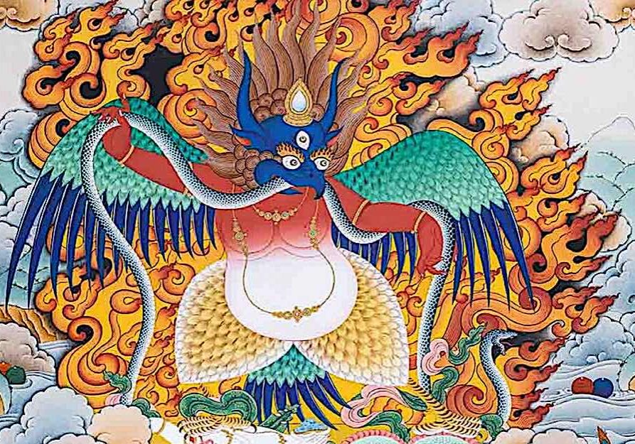 Shabala King Multicolored Garuda is one of the 13 Golden Dharmas of the Sakya Lineage and is found in the Kalachakra literature. He body is all the colors of symbolic activities of the Buddhas: white for pacifying (Vairocahana Buddha family), Green wings for windy activities of Amoghasiddha/ Tara's family, Red for the compassionate Lotus family of Amitabha Buddha, Blue for the spacious activity of Akshobya Buddha, and Yellow for the prosperity and auspiciousness earth activities of Amoghasiddhi's Buddha Family.  