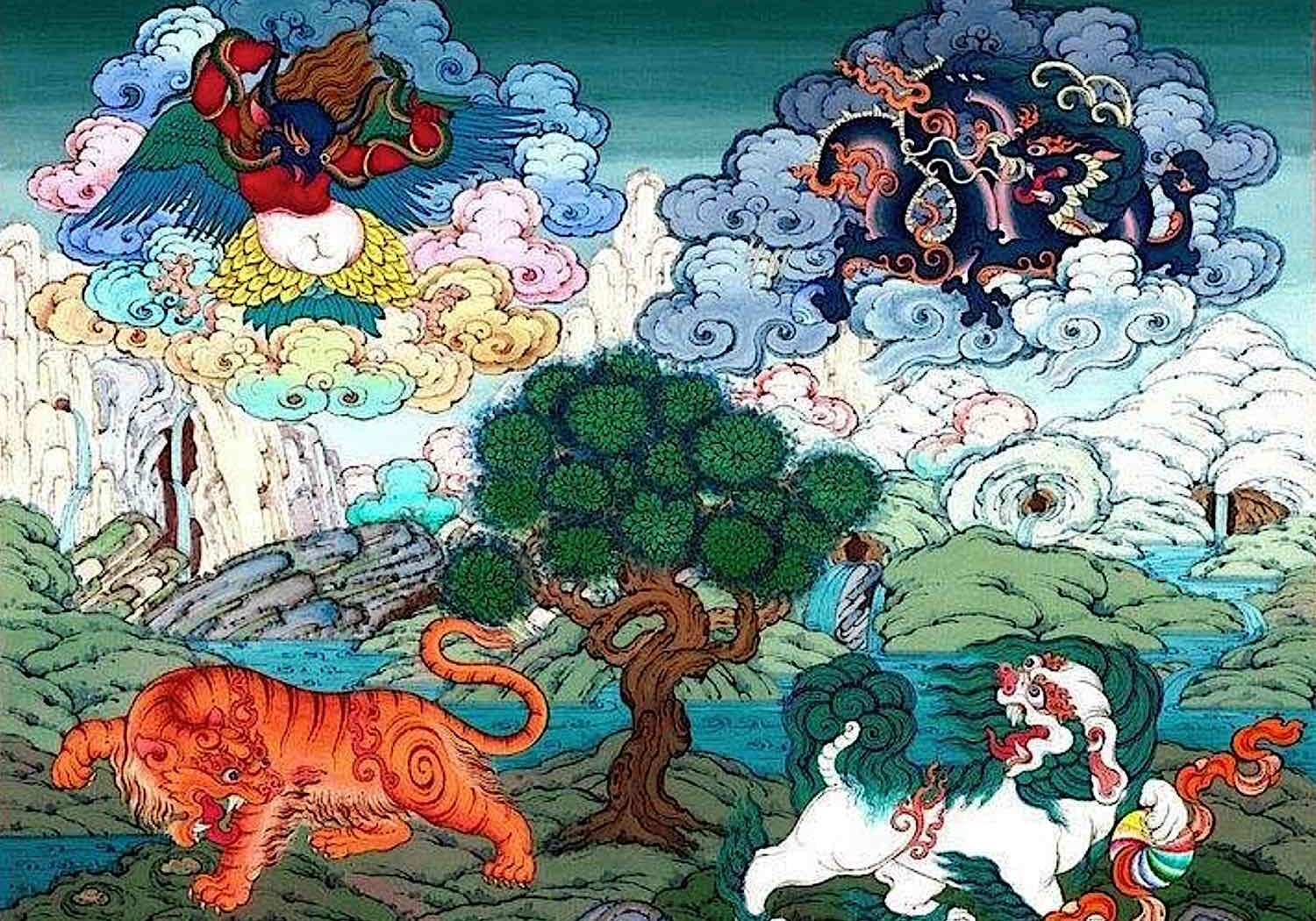 The Four Dignities in Tibetan Buddhism and the auspicious animals of Bhutan: Tak (Tiger) lower left Seng (Snow LIon) lower right, Cheng (Garuda) upper left and Druk (Dragon) upper right. These are four directional guardians with Garuda in the north, Snow Lion in the east, Tiger in the south and Dragon in the West. (In some regions, directions may be changed). 