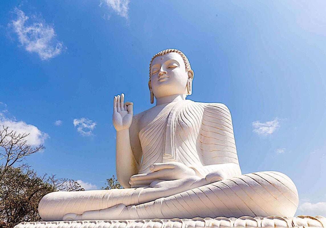 Many statues of Buddha feature the Abhaya Mudra, the hand held up in a protective mudra gesture. 