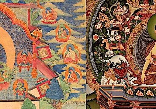 A comparison of two genuine thangkas in two traditions: Tibetan Thangka on the left (detail, not full) and Nepali Thangka on the right (detail.)