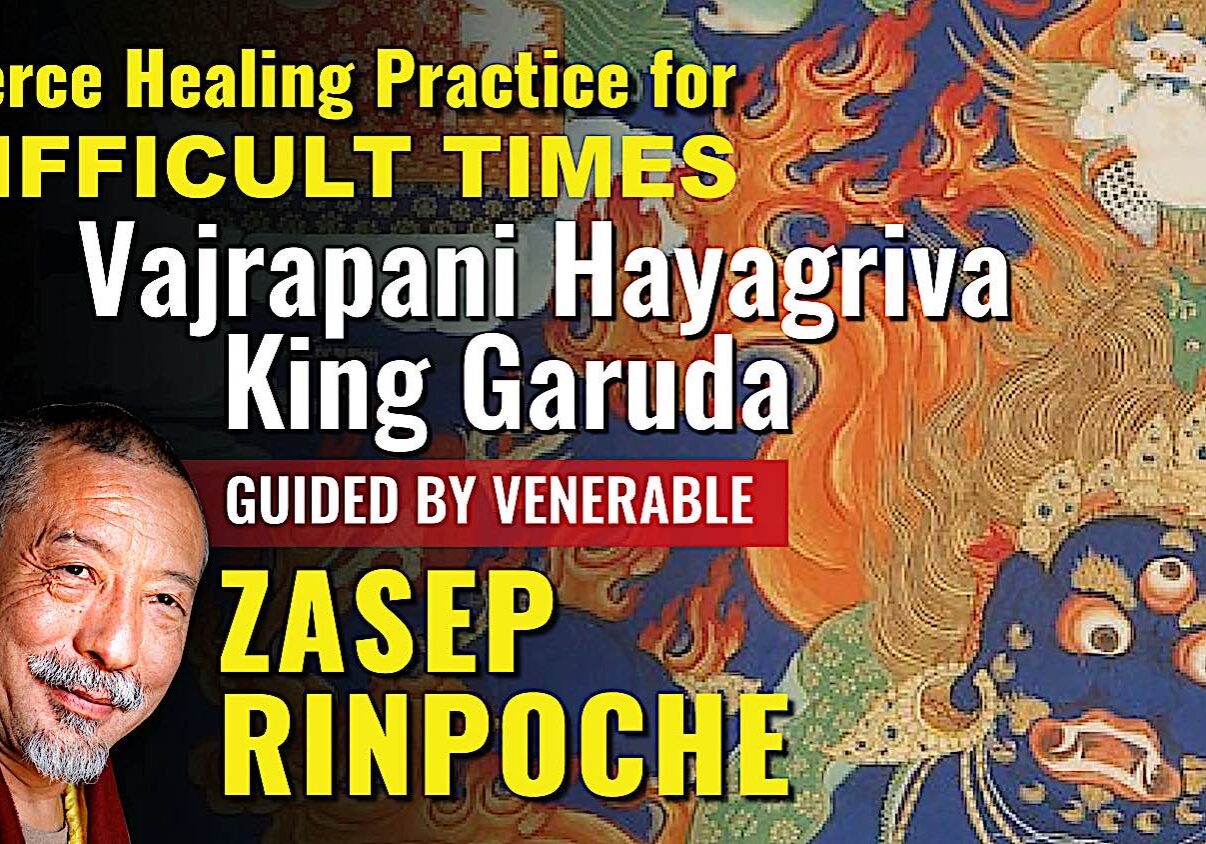 Title screen from the video on the "Healing Practice for Difficult Times" video, a teaching by Venerable Zasep Rinpoche on Vajrapani Hayagrva King Garuda healing meditations and mantra.