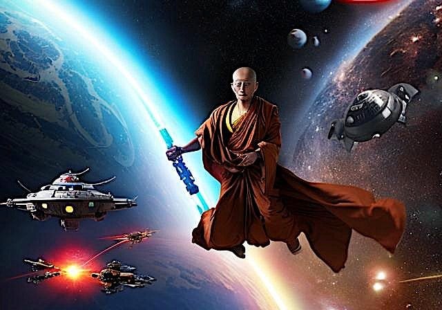 Concept of "monk in space" as a metaphor for Vajrayana — seeing beyond illusory reality. In this metaphor, the monk walking mindfully is Theravada, the monk driving a big bus full of people, fleeing a flaming city is the Mahayana and the Monk piloting in space is the Vajrayana.