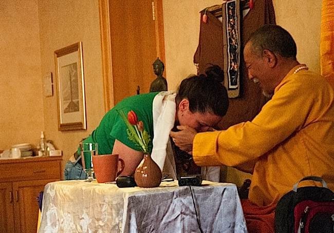 Zasep Tulku Rinpoche with a student at a Mahamudra event in Owen Sound, hosted by Mindfulness of Grey Bruce.