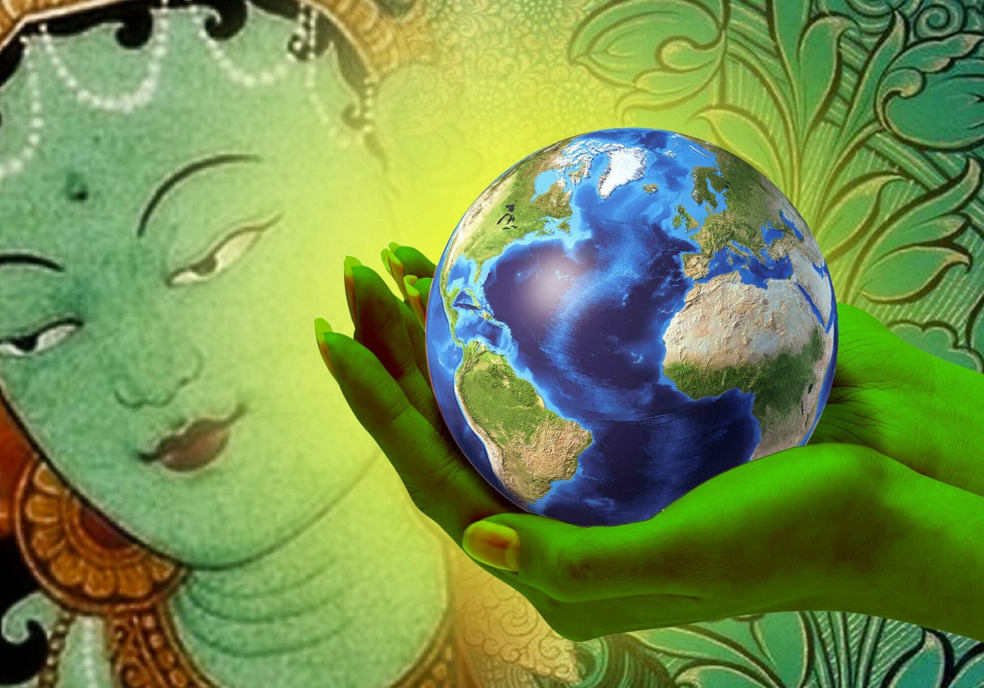 Composite feature image from Buddha Weekly illustrated Tara's green hands cradling the Earth.