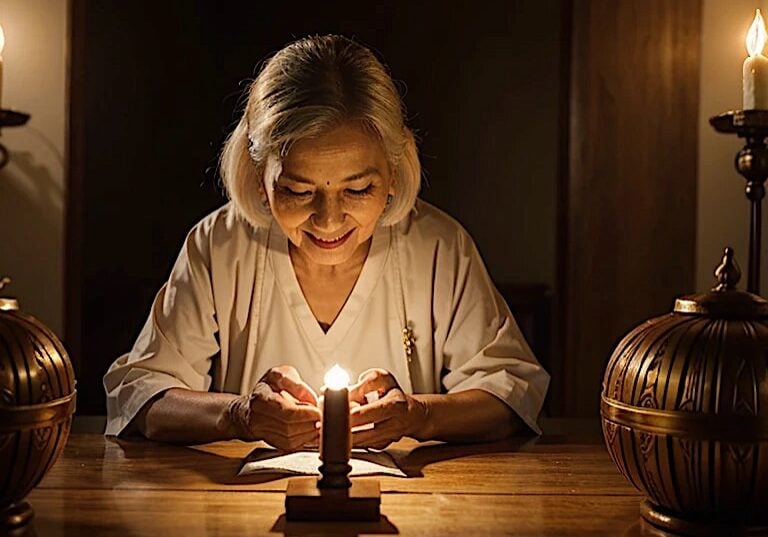 A devoted Buddhist of faith chanting mantras.