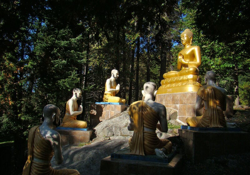 By Tango7174 - Own work, CC BY-SA 4.0. A depiction of the first teaching of the Buddha from a Vietnamese Buddhist monastery in Quebec, Canada. From Wikipedia.