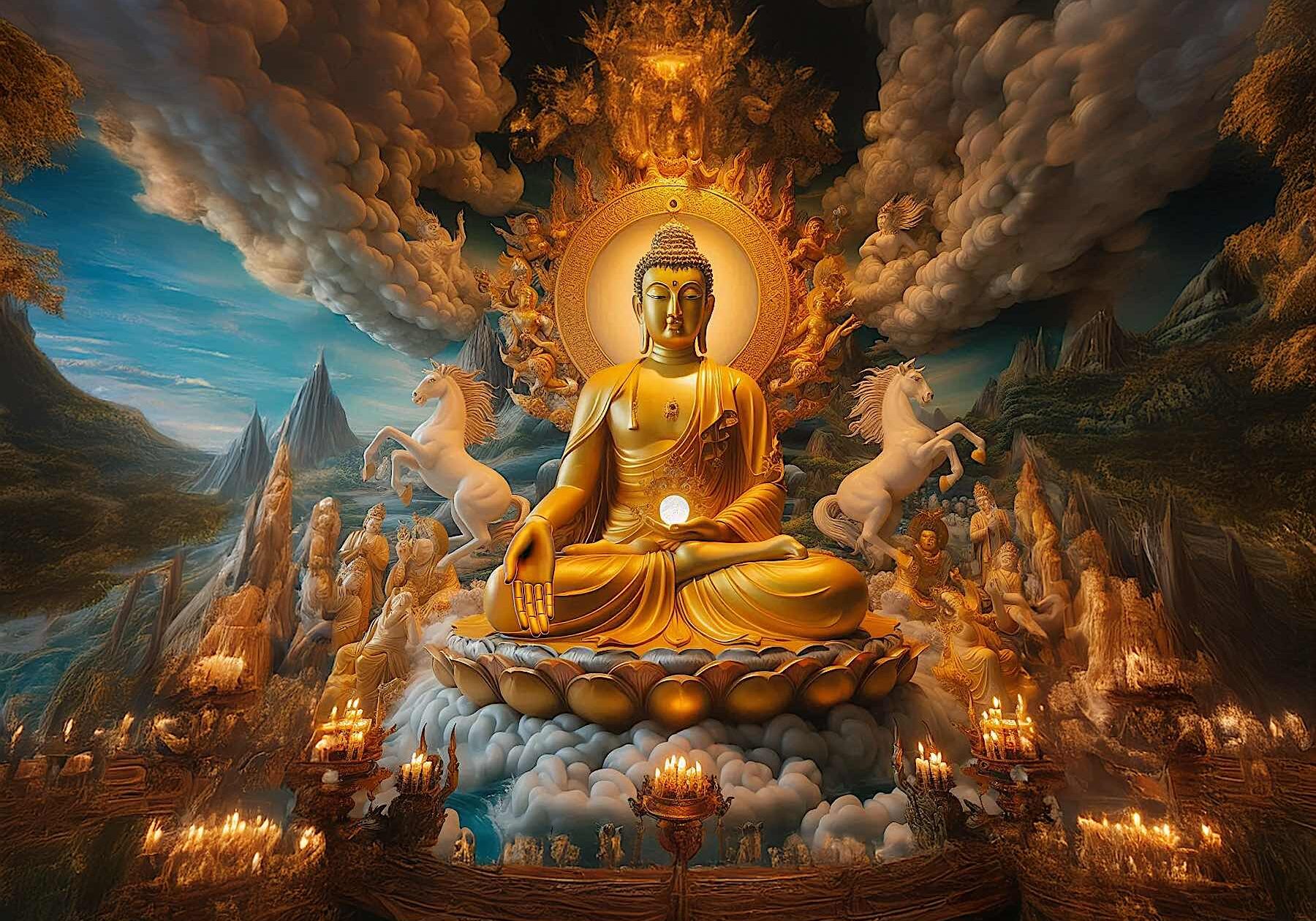 Ratnasambhava Buddha is the head of the Ratna or Jewel family. He is golden in colour, to symbolize the earth element and his auspicious enriching power. He helps bring us the prosperity and auspicious circumstance that allow us to help sentient beings. To his left and right are his sacred animal, the horses who support his throne. They symbolize earth and wish-fuflilment.